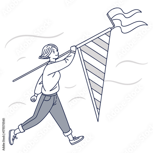 Woman confidently running forward holding a striped flag and banner with wavy lines in background