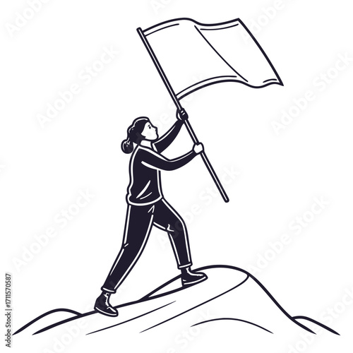 Woman standing on mountain peak holding a flag symbolizing achievement and victory