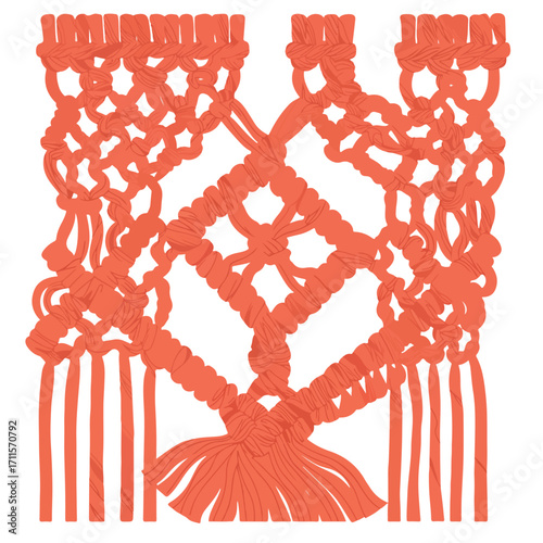 Intricate coral macrame illustration of knotted pattern on white backdrop, detailed knots & fringe