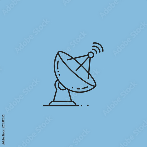 Isolated line art of a satellite dish against a light blue background