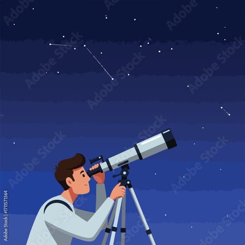 Person looking through telescope towards a starry night sky; educational, vector art