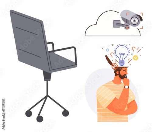 Modern office chair, cloud-connected security camera, man in thought with light bulb and explosion symbols. Ideal for innovation, surveillance, office setup, productivity, ideas, security workplace