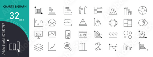 Charts and graph icons set with bar, pie, line, analytics, report, data, growth, statistics, dashboard, and performance symbols. Outline style, ideal for business, finance, and presentation projects.