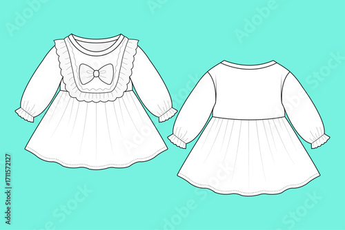 Baby Girls Crew Neck Long Sleeve Ruffle Detail Dress Technical Fashion Flat Sketch Template.