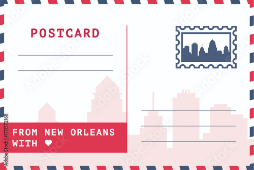 From New Orleans, USA postal card template. Vector postcard illustration with stamp, landmark, message. Cool flat Louisiana greetings image layout