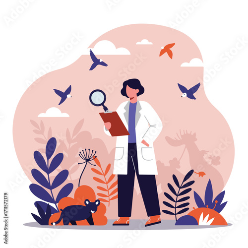 Scientist examines plants with birds and a cat in a stylized, flat illustration format