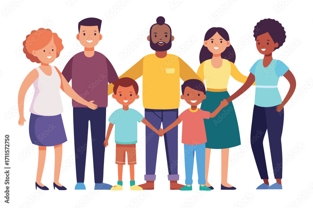 Fototapeta premium Diverse group of friends holding hands and smiling together in a cheerful community setting