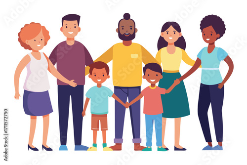 Diverse group of friends holding hands and smiling together in a cheerful community setting