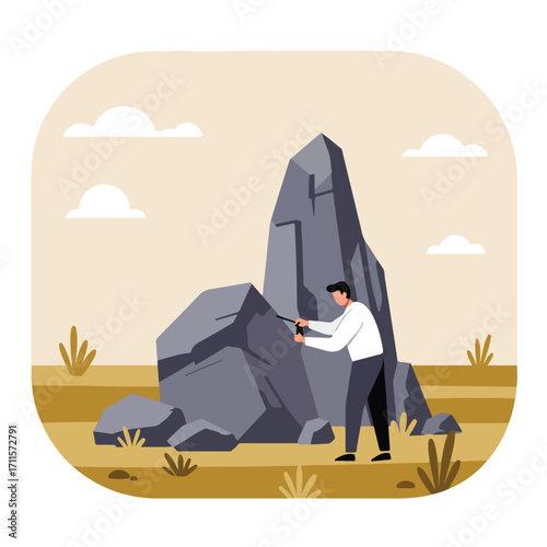 Man chisels at large grey rock formation in a flat desert landscape with white clouds