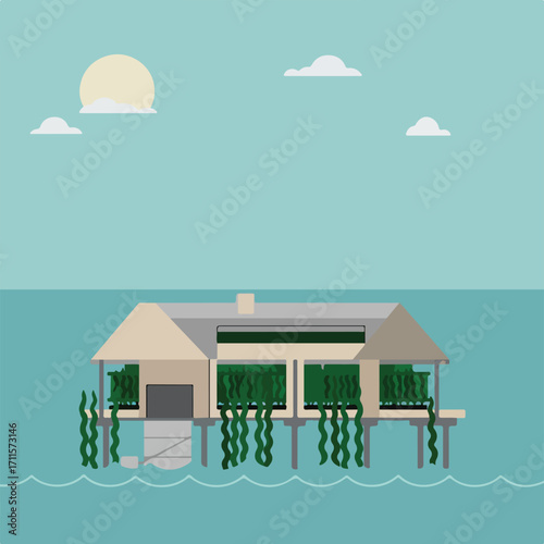 Stilt house amidst serene waters, bathed in sunlight under a gentle sky with soft clouds