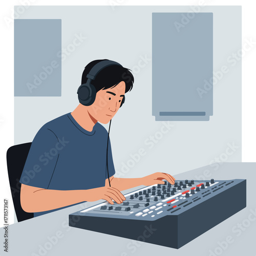 Illustrator Man with headphones using an audio mixing console in studio room