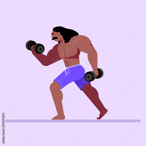 Strong man lifting dumbbells while working out to build muscle strength.
