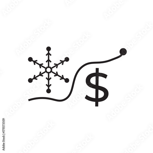 Line icon featuring a snowflake-like network connected by a wavy line to a dollar sign. Ideal for illustrating compound interest, financial networking, investment growth, and economic complexity.