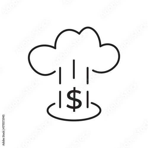 Minimalist line icon of a cloud raining dollar signs onto a base. Perfect for symbolizing financial windfalls, investment returns, money growth, economic prosperity, and revenue streams in apps.