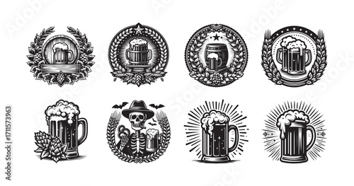 Oktoberfest beer festival emblems with skeleton beer barrel and mugs Keywords: oktoberfest, beer, festival, emblem, logo, badge, skeleton, hat