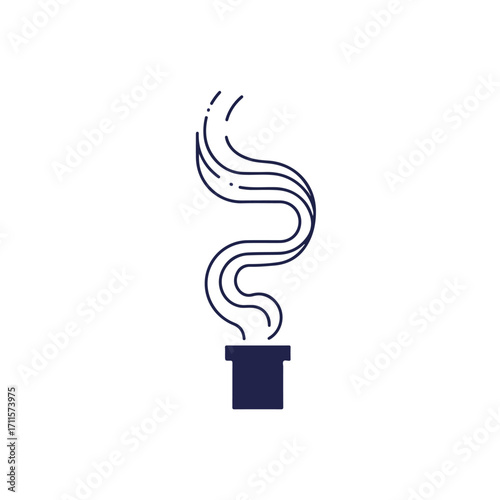 An outlined chimney emitting twisting smoke, isolated on white background, in navy hue