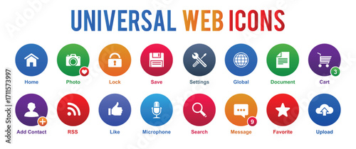 Illustration of a collection of universal web icons with various functions and colorful oval backgrounds