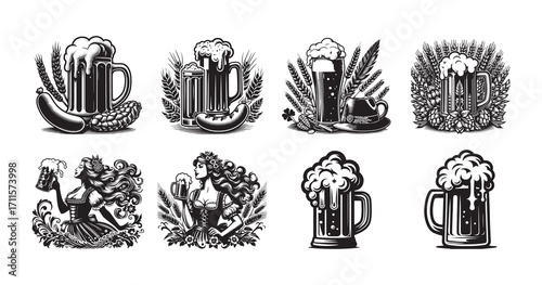 Oktoberfest beer festival emblems with women beer mugs sausages and hops Keywords: oktoberfest, beer, festival, emblem, logo, badge, woman, dirndl