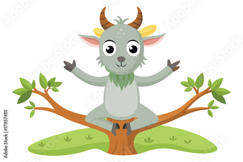 Goat character sitting cheerfully in a tree, enjoying nature and sunshine in a playful setting