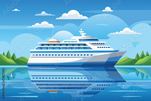 Large cruise ship sailing on calm water near lush green hills on a sunny day