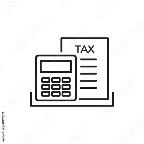 Clean line icon of a calculator and tax document, symbolizing tax calculation. Ideal for illustrating tax filing, accounting, fiscal planning, revenue assessment, expense tracking, and finance report.
