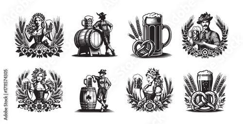 Oktoberfest Women and Men with Beer Mugs and Barrels Illustrations woman