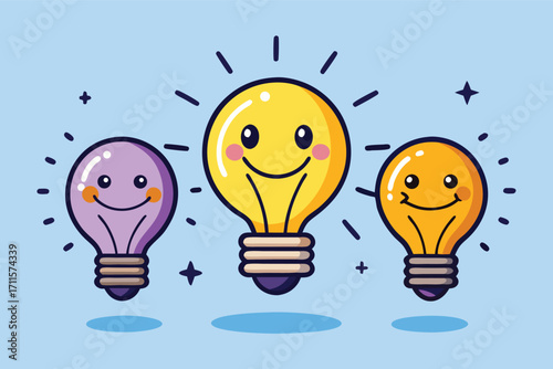 Colorful light bulbs with smiling faces shining bright and spreading joy in a light blue background