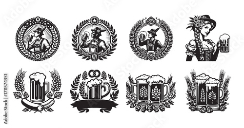 Oktoberfest Beer Badges and Emblems with Bavarian Man and Woman Keywords: beer, oktoberfest, badge, emblem, logo, germany, bavaria, man, woman