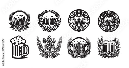 Oktoberfest Beer Badges with Mugs, Wheat, Hops, and Laurel Wreaths Keywords: beer, oktoberfest, badge, emblem, logo, mug, stein, wheat, hops