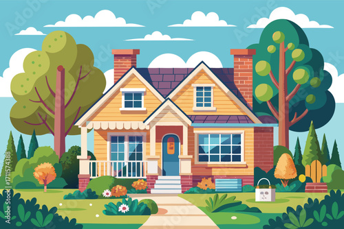 Charming suburban house with a welcoming garden in a sunny afternoon setting