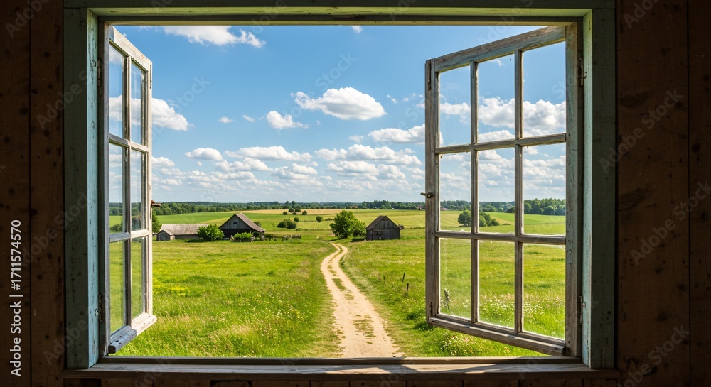 Obraz premium Rustic window frames a serene summer view of green fields, a winding path, and distant farmhouses.