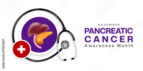 November is National Pancreatic Cancer Awareness Month. Pancreatic Cancer, plus icon and stethoscope. Suitable for posters, banners and social media. White background.