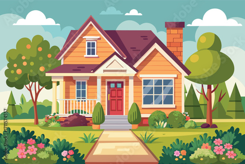 Charming cottage with colorful garden and green surroundings on a sunny day