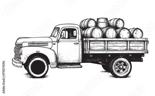 Retro farm truck with barrels illustration vector style