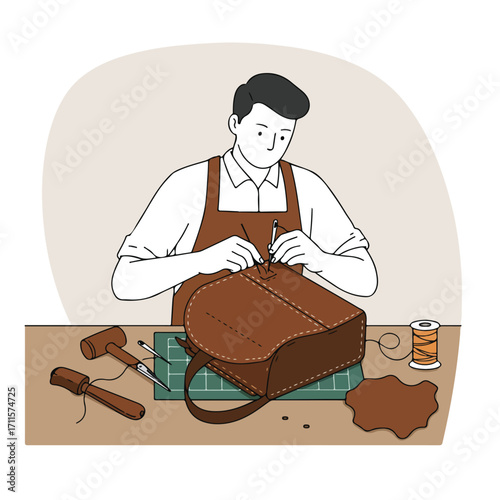 Artisan handcrafting a brown leather bag, sewing details on a work desk surface