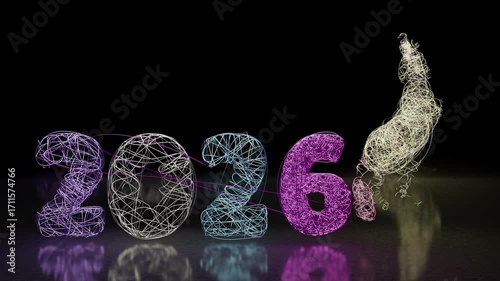 Glowing neon threads form the year 2026 and a rotating horse sculpture on a reflective surface. Dynamic concept for the New Year and the Chinese Year of the Horse