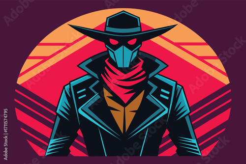 Mysterious figure in a hat and mask stands boldly against a vibrant geometric background