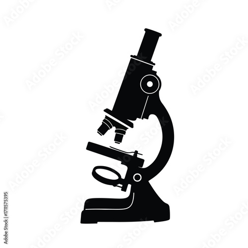 Black silhouette of a microscope with stand and multiple adjustment knobs on white background