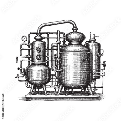 Industrial equipment from copper tanks for distillation of alcohol illustration vector style