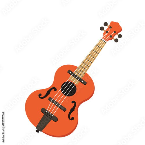 Illustration of a flat design ukulele in orange and brown, angled slightly upwards