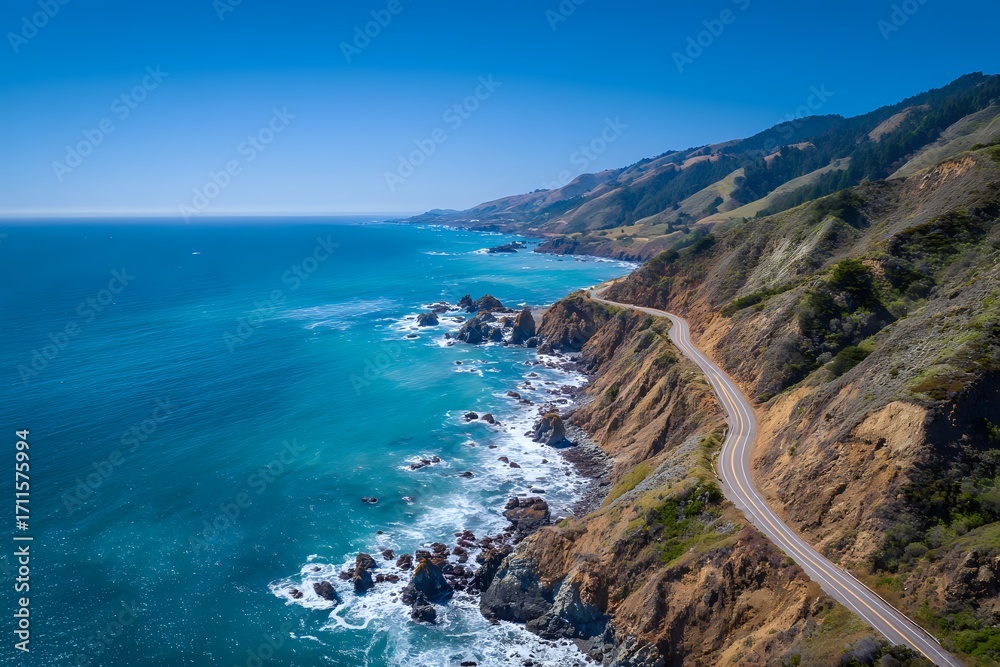 Fototapeta premium Coastal Road with Ocean Waves, Sunny Day
