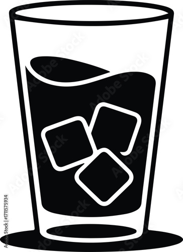 Black and white icon of a glass filled with liquid and ice cubes drink beverage