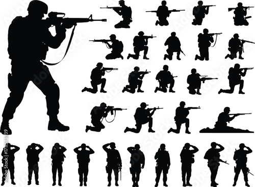 Military soldiers in various action poses with rifles, silhouetted against a white background