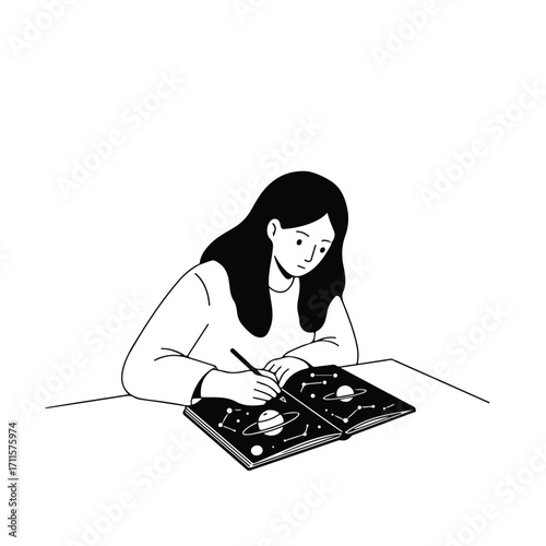 Woman sketching planets and constellations in a notebook, rendered in black and white