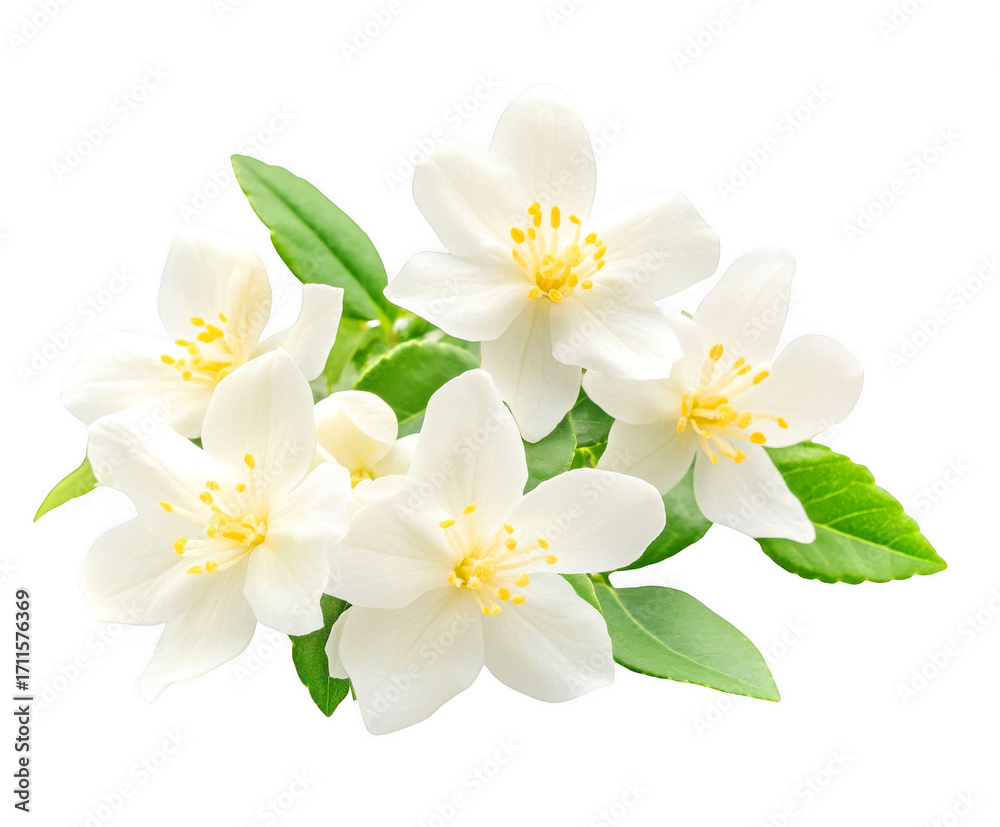 Obraz premium Five jasmine blossoms feature yellow stamens amidst green leaves on transparent background