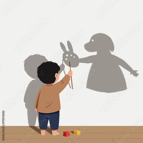 Child with a stick interacting with shadow puppets on a wall against a wood floor