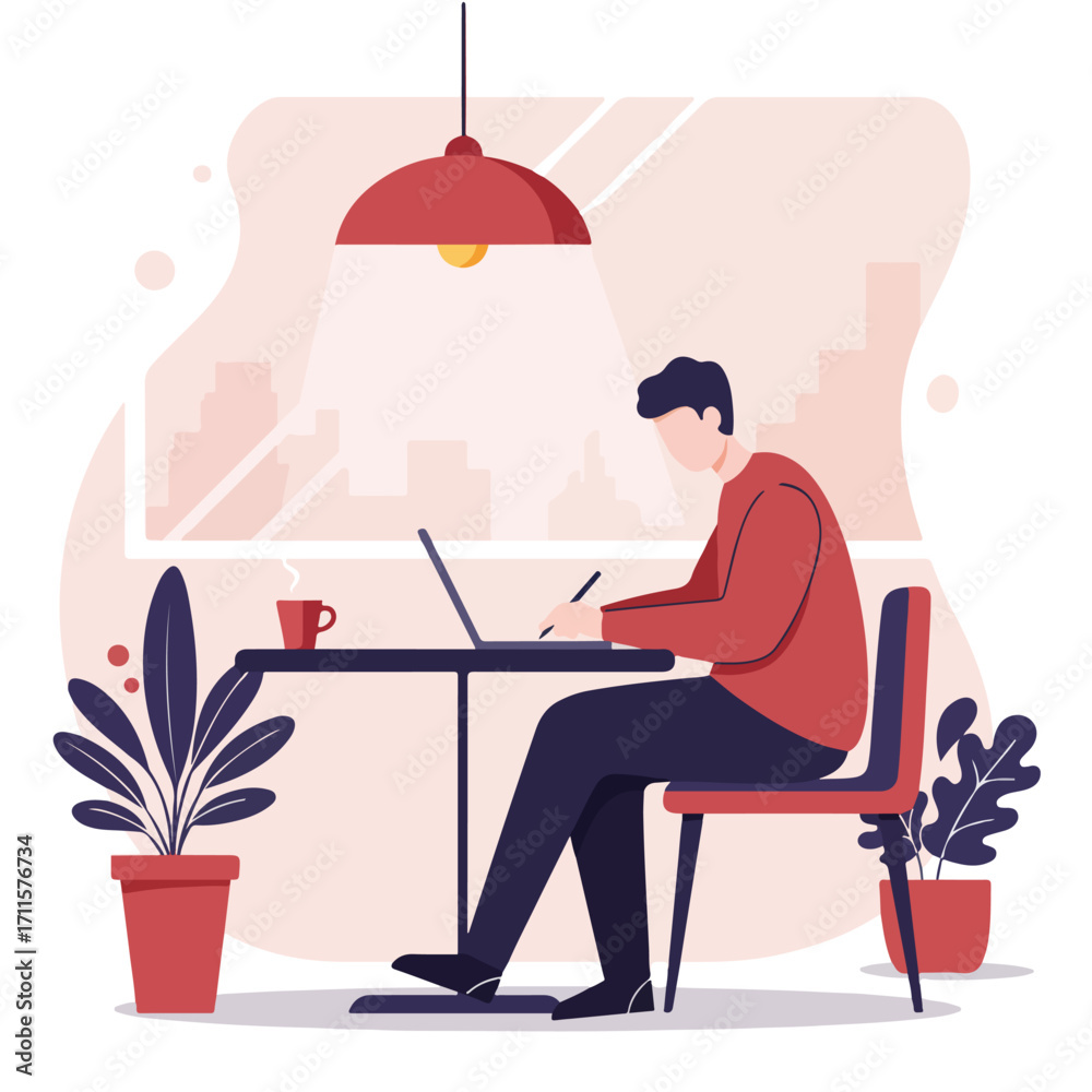 Fototapeta premium Stylized image Person at desk using laptop with cityscape view, houseplants and coffee