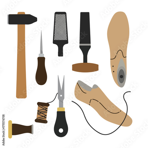Illustration of shoemaking tools, including a hammer, awl, thread, shoe last, and other implements