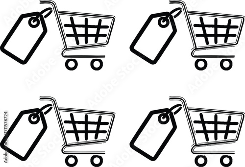 Shopping carts with empty price tags symbolize consumer choices and retail options.