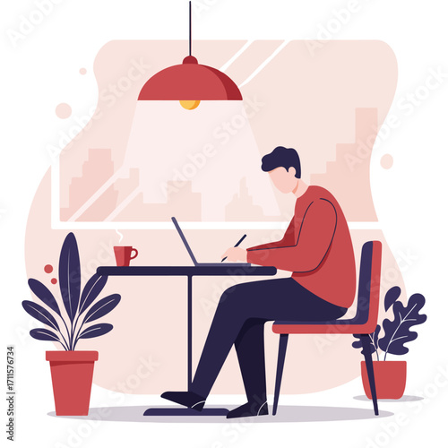 Stylized image Person at desk using laptop with cityscape view, houseplants and coffee